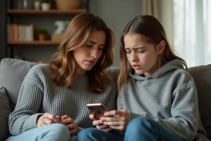 Mère et adolescente en discussion bienveillante sur le canapé familial autour de l'utilisation du smartphone