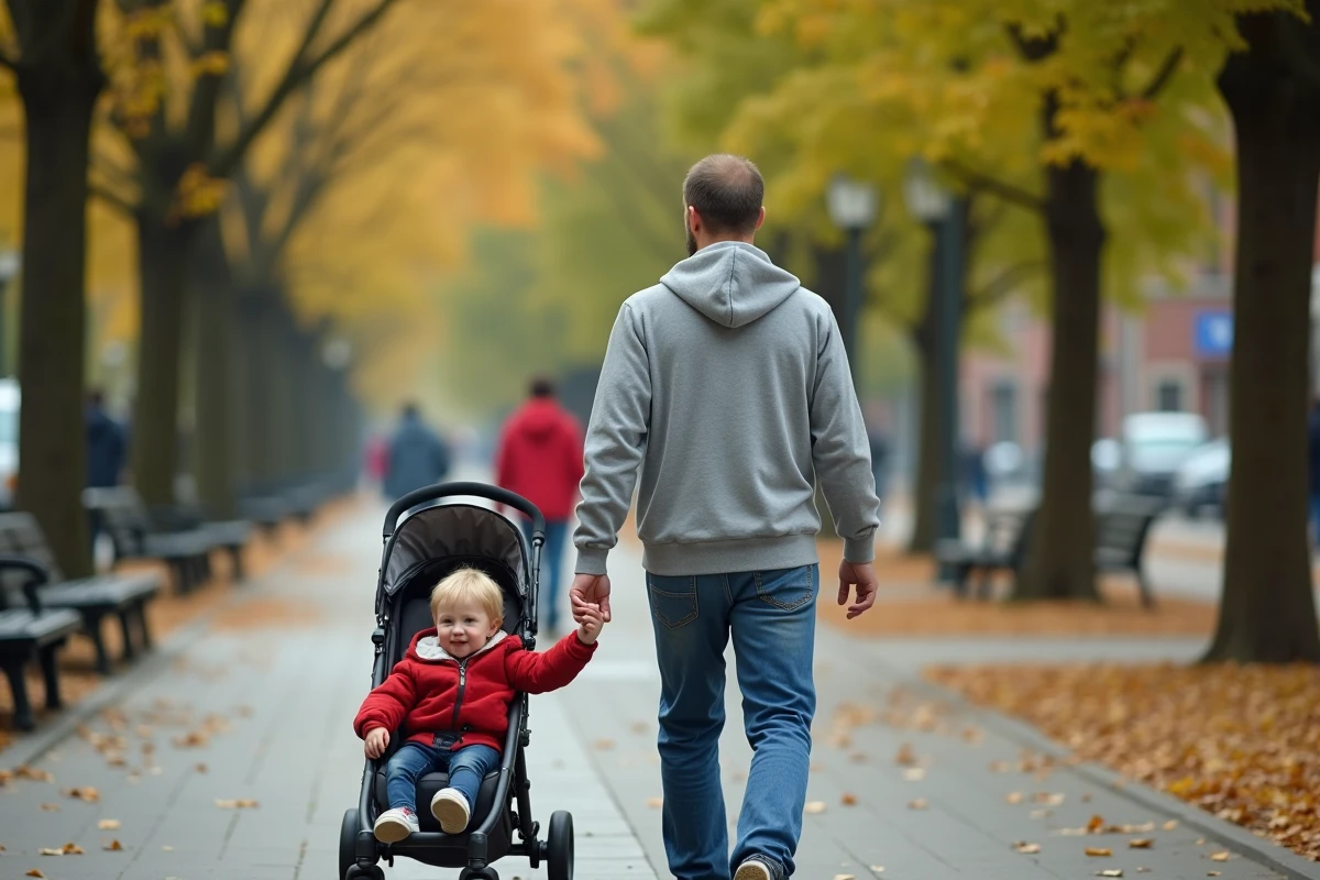 Père de famille se promenant avec ses enfants dans un parc urbain, illustrant les politiques familiales de soutien à la parentalité