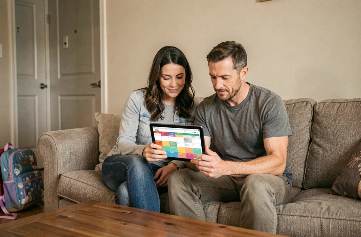 Deux parents co-parents consultant ensemble un calendrier 2026 des semaines impaires pour organiser garde alternée et cours