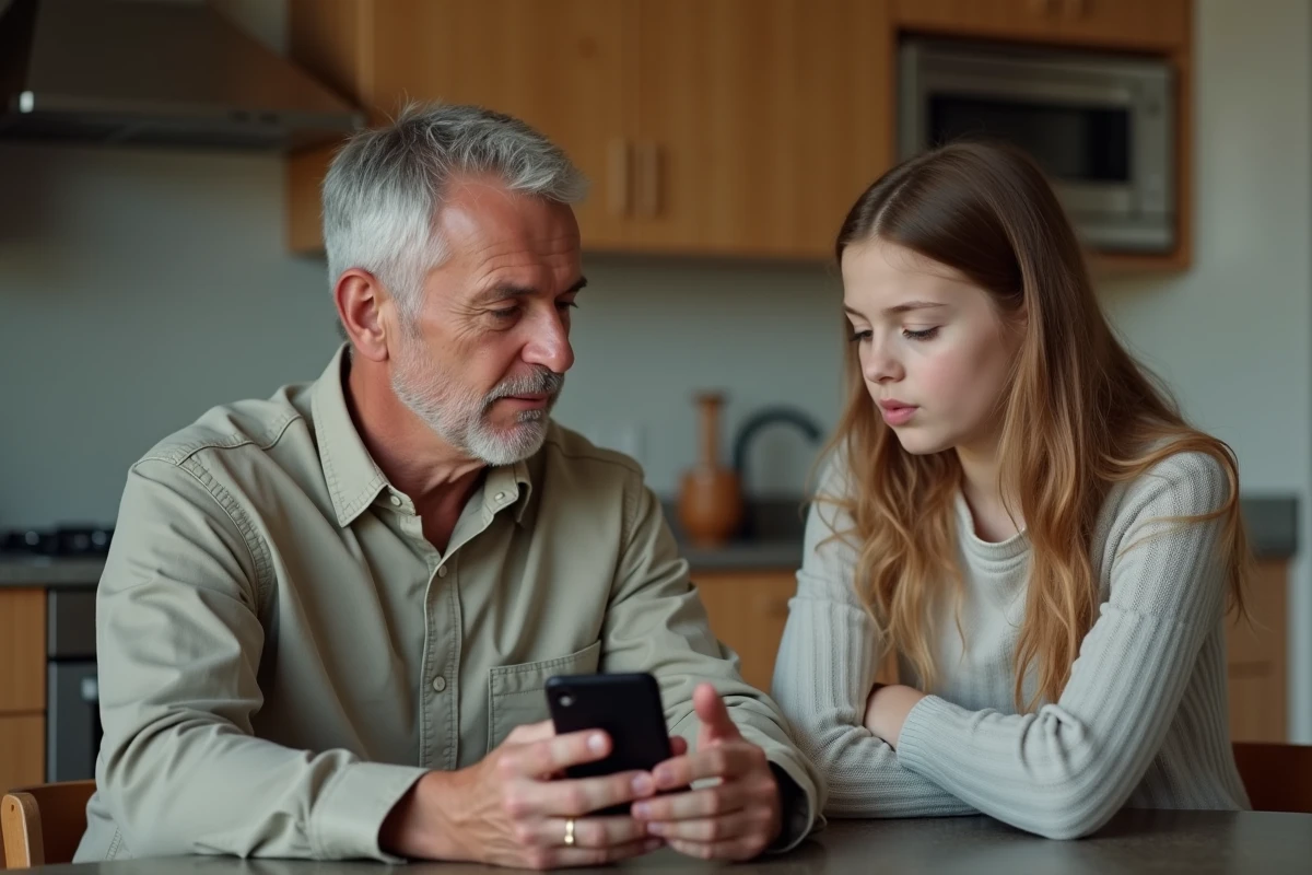 Père bienveillant discutant avec sa fille adolescente dans la cuisine familiale après une découverte choquante sur smartphone
