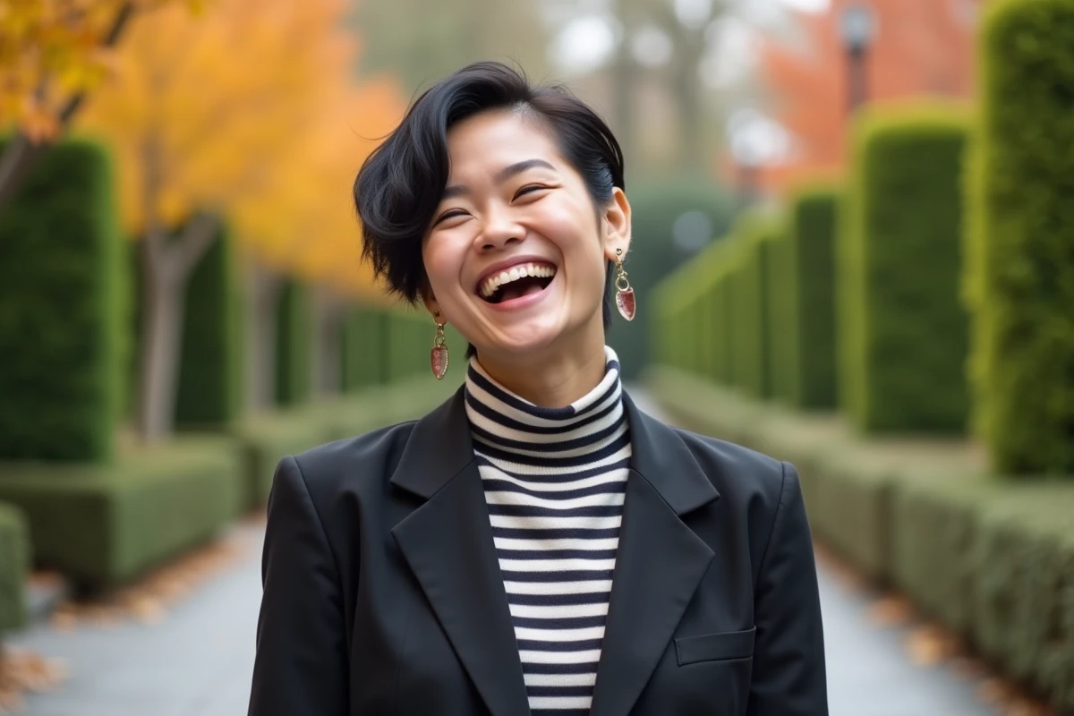 Personne non binaire riant dans un jardin en automne, style vestimentaire androgyne élégant