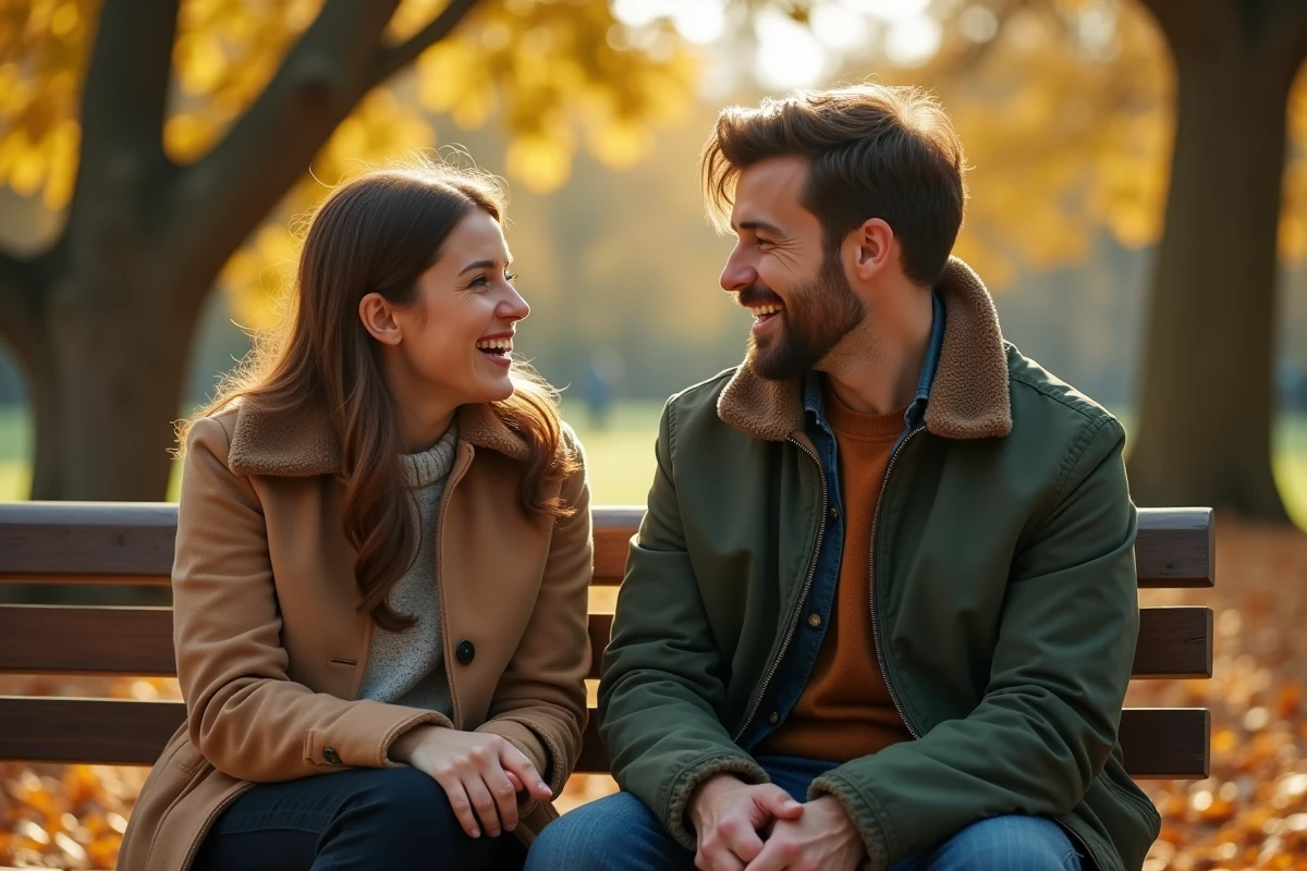 Deux personnes attrayantes et souriantes en conversation naturelle dans un parc en automne, illustrant le charme social et la communication authentique