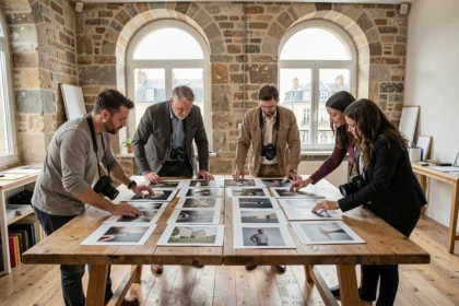 Groupe de photographes professionnels examinant des portfolios dans un studio créatif à Rennes