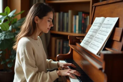 Pianiste femme étudiant une partition de musique imprimée sur un piano droit en bois dans une salle de musique chaleureuse