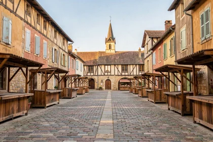 Place de la République d'Eauze dans le Gers avec ses bâtiments médiévaux en pierre et ses pavés authentiques
