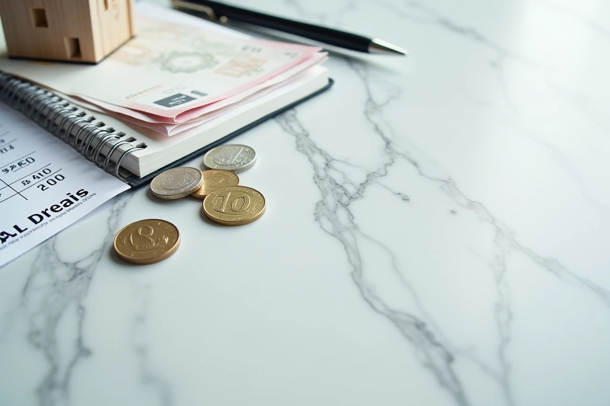 Vue de dessus d'une surface avec pièces en euros, modèle de maison miniature et plan d'investissement immobilier sur papier