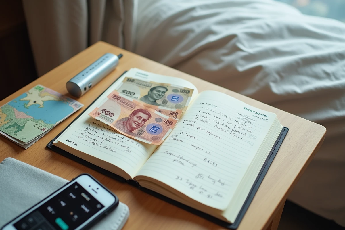 Journal de voyage avec budget en yens, billets japonais et pass JR sur un bureau d'hôtel pour planifier 10 jours au Japon