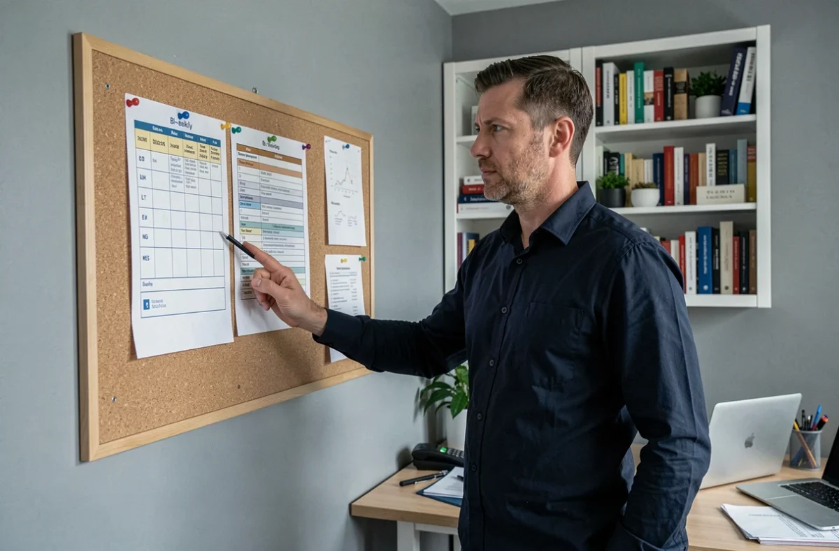 Homme organisant son planning de travail sur un tableau de semaines impaires et paires 2026 dans un bureau à domicile