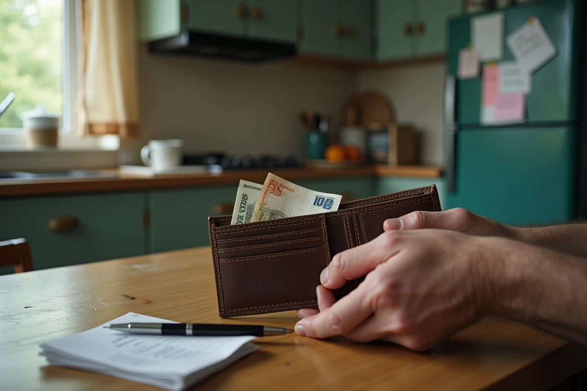 Mains tenant un portefeuille vide avec des factures sur une table de cuisine symbolisant les difficultés financières en récession
