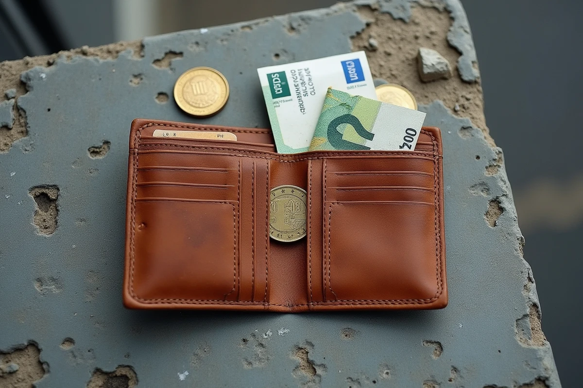 Portefeuille en cuir usé contenant peu d'argent posé sur du béton avec des étiquettes de prix et une liste de courses, symbolisant la perte de valeur de l'argent au quotidien
