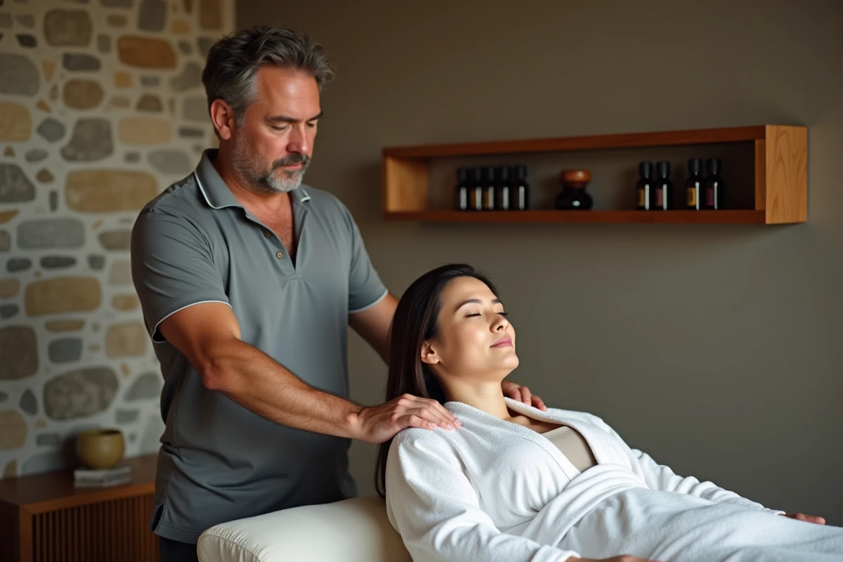 Praticien en thérapie holistique réalisant un massage par acupression sur une patiente dans un cabinet de bien-être naturel