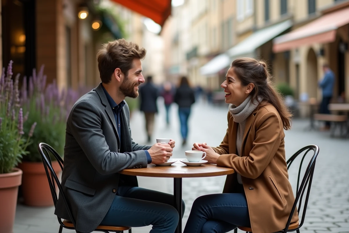 Couple en premier rendez-vous à une terrasse de café français après s'être rencontré sur un site de rencontre gratuit