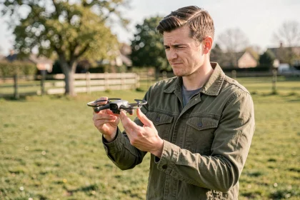 Jeune homme tenant un drone Parrot minidrone dans un parc après un crash lors de son premier vol
