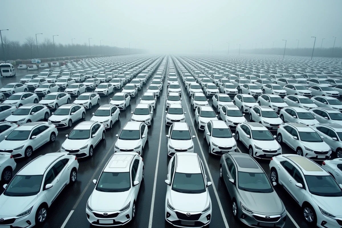 Parking d'usine automobile rempli de véhicules neufs alignés illustrant la puissance de production des leaders du marché
