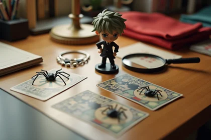 Produits dérivés Hunter x Hunter araignée étalés sur un bureau en bois avec une loupe pour vérifier l'authenticité