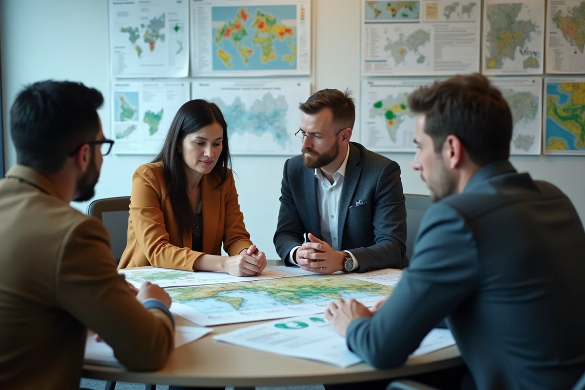 Groupe de professionnels analysant des données environnementales et énergétiques dans un bureau coopératif, préparation aux défis de la Terre en 2026
