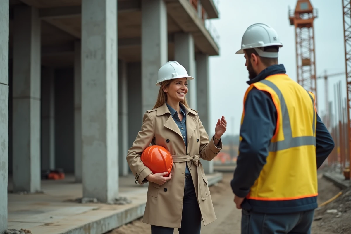 Promotrice immobilière sur un chantier de construction discutant avec un chef de chantier