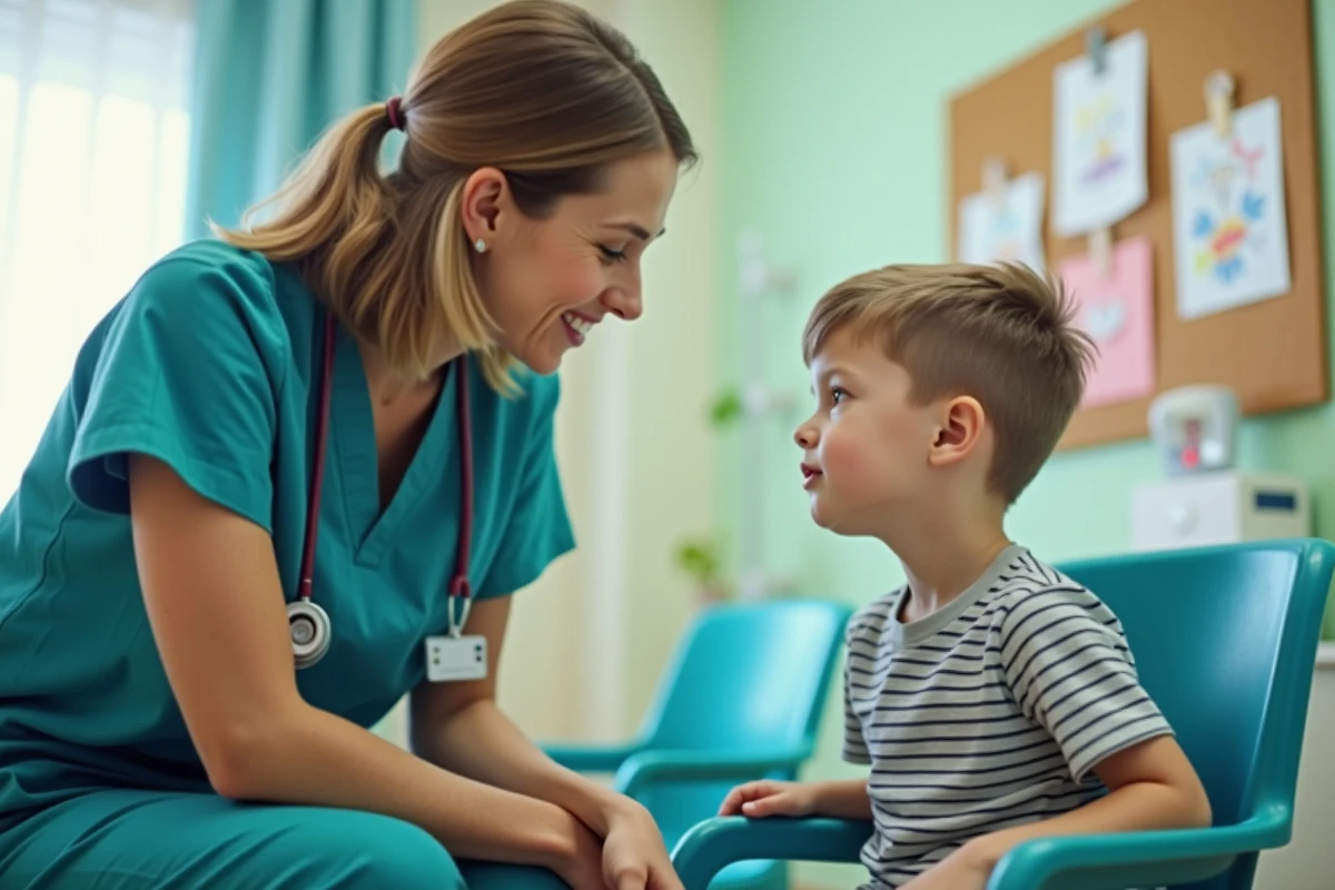 Professionnel de santé en consultation avec un jeune enfant timide dans une salle d'attente pédiatrique, symbolisant la protection de l'enfant vulnérable