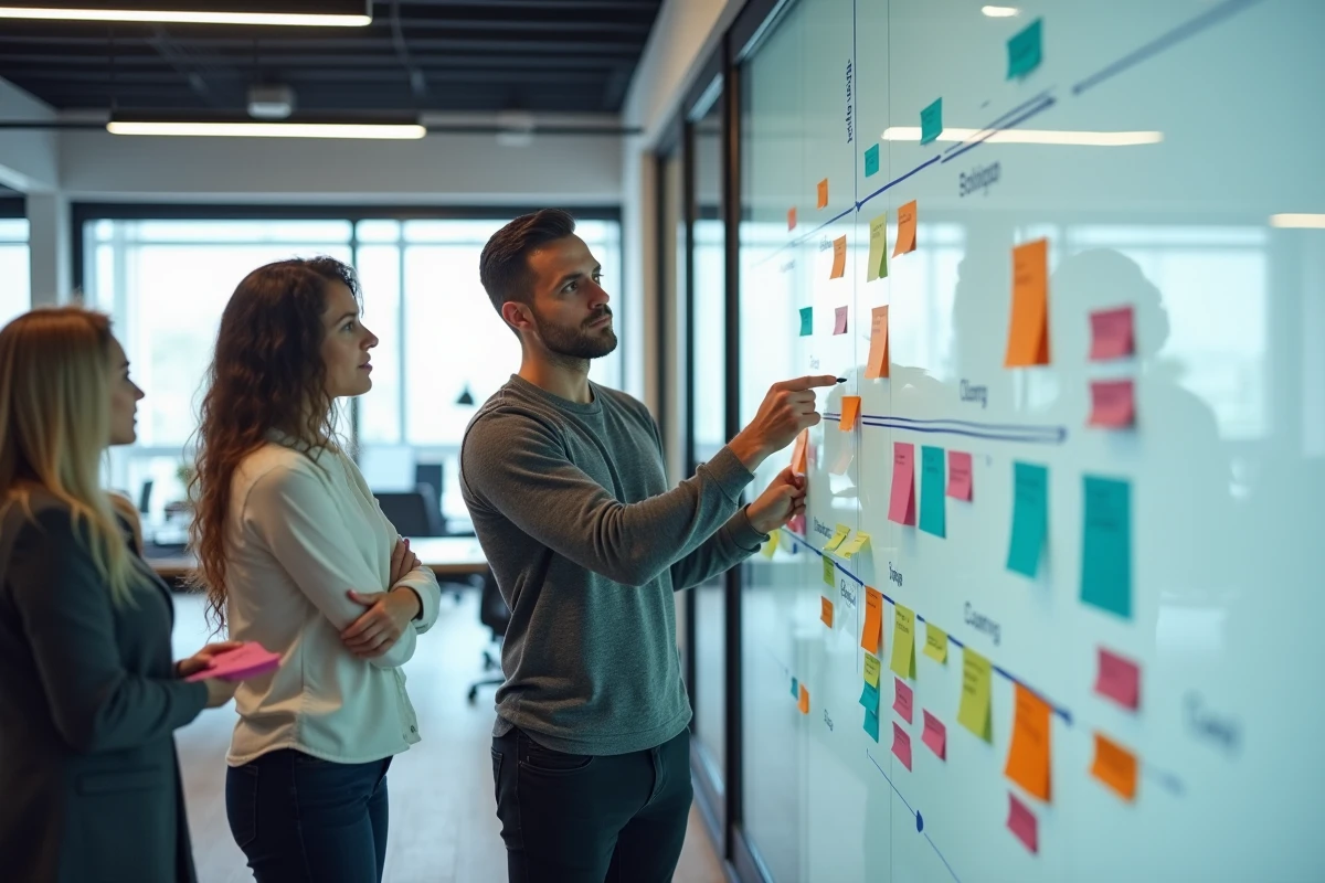 Équipe de trois professionnels cartographiant une feuille de route de transformation sur un tableau agile, illustrant l'adaptabilité organisationnelle