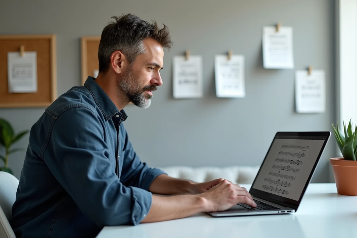 Homme recherchant des partitions de musique en ligne sur un ordinateur portable avec un recueil de chansons ouvert sur le bureau