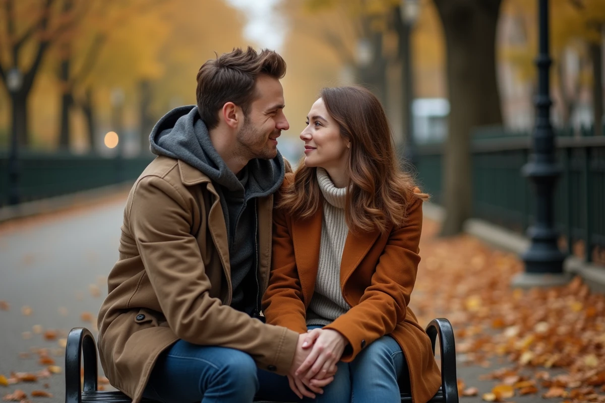 Homme et femme assis sur un banc de parc en automne, regard ambigu illustrant la frontière entre simple curiosité et attirance romantique