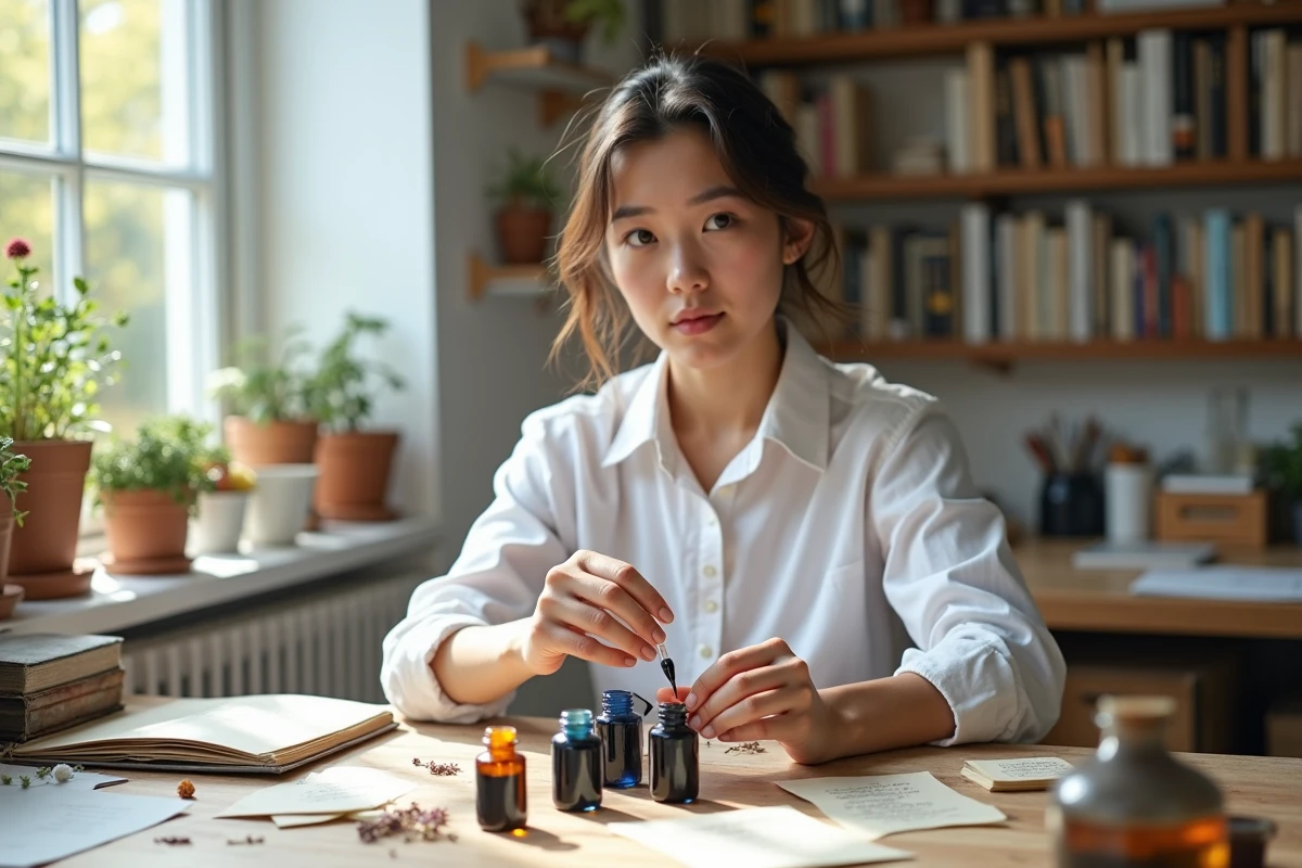 Jeune femme remplissant des encriers avec des encres naturelles végétales aux teintes variées dans un atelier lumineux