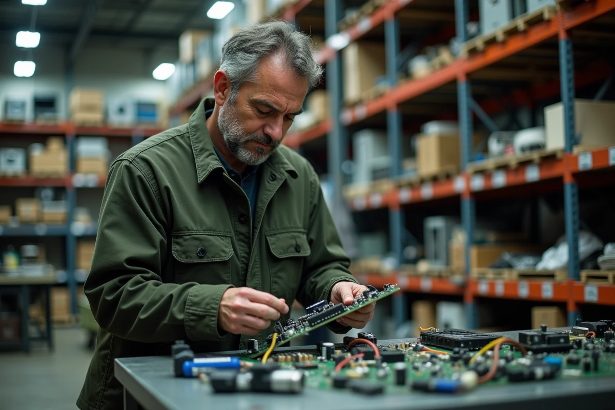 Technicien réparant des composants électroniques dans un centre de réemploi et d'économie circulaire