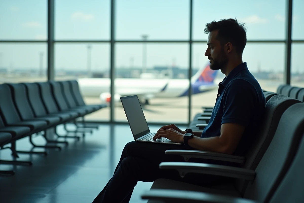 Homme réservant un billet d'avion en ligne avec option de paiement fractionné dans un salon d'aéroport moderne