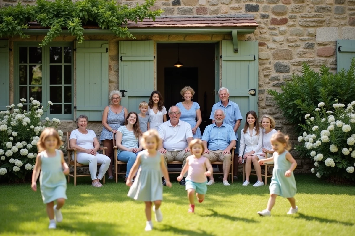 Grande réunion de famille devant une ferme en pierre à la campagne française au printemps