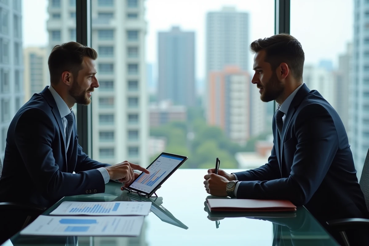 Deux professionnels de l'immobilier analysant des données financières en salle de réunion avec vue sur la ville