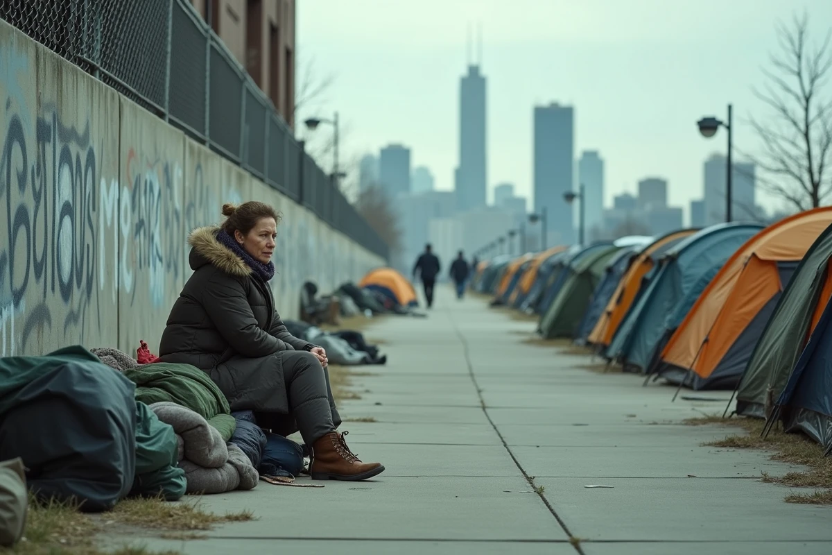 Campement de sans-abri sur un trottoir américain avec des gratte-ciels en arrière-plan, contraste frappant illustrant la crise du logement aux États-Unis