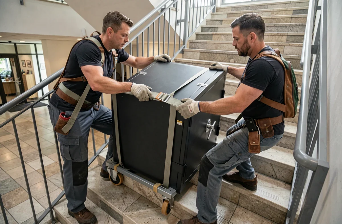 Deux déménageurs Sari Déménagement descendant un coffre-fort lourd dans un escalier d'immeuble à Annecy avec des sangles professionnelles
