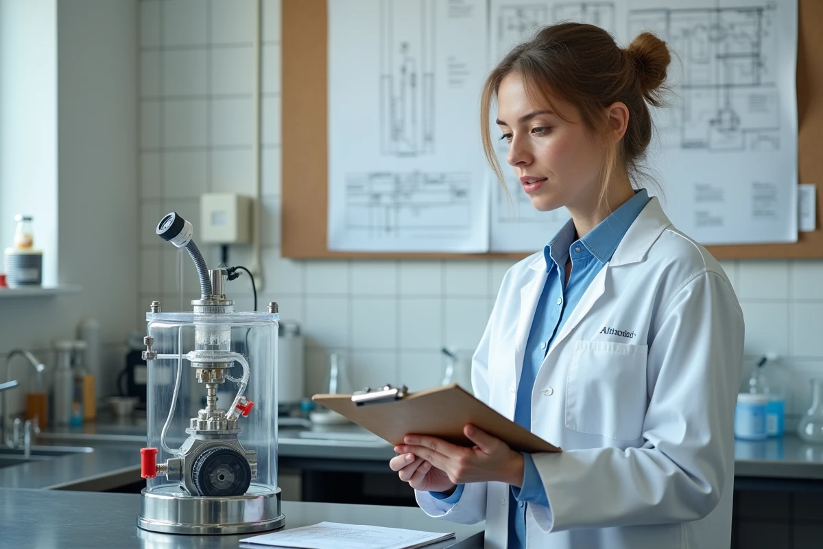 Scientifique en laboratoire étudiant un prototype de moteur alimenté par l'eau