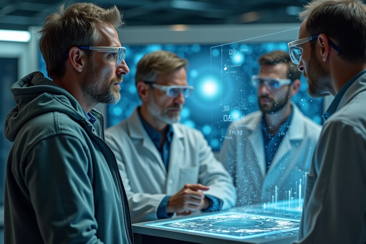 Équipe de scientifiques analysant une carte stellaire dans un centre de recherche spatiale