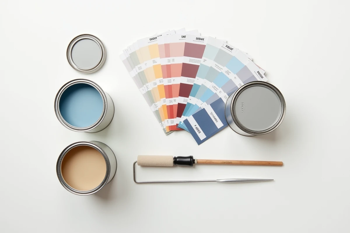 Sélection de boîtes de peinture de marques françaises et swatches de couleurs en vue de dessus