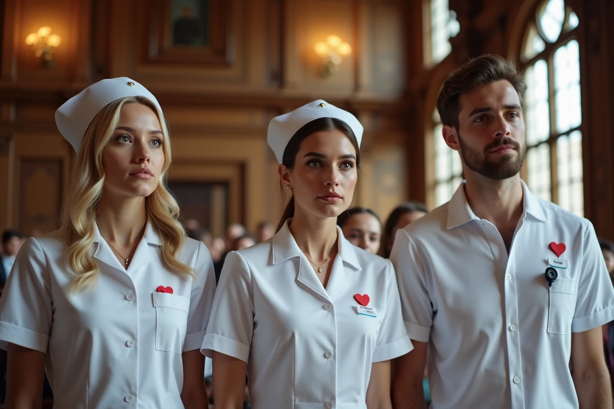Groupe de jeunes infirmiers diplômés prononçant leur serment lors d'une cérémonie universitaire