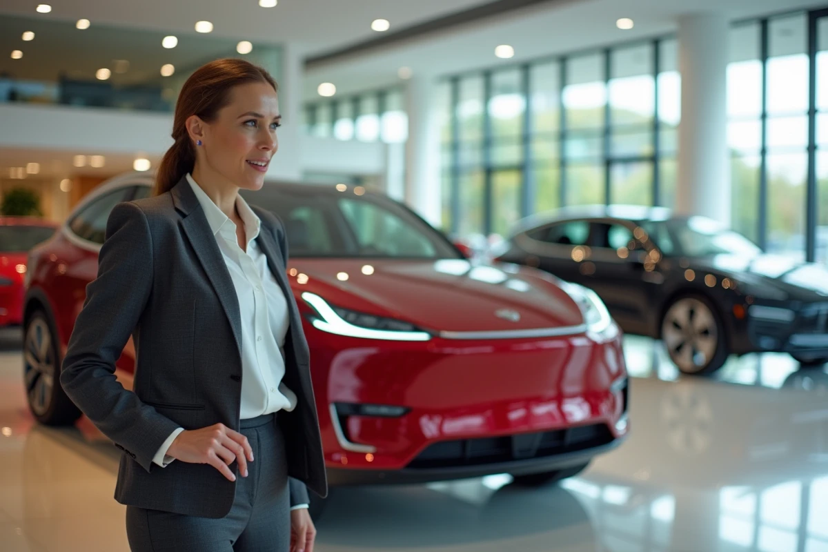 Commerciale présentant un SUV électrique dans un showroom automobile contemporain