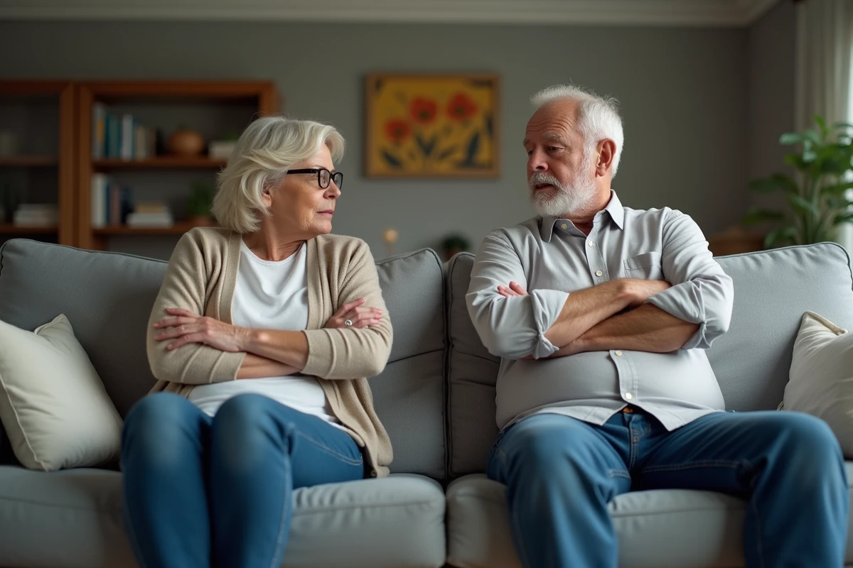 Couple en silence sur un canapé avec langage corporel fermé, signaux d'alerte dans une relation