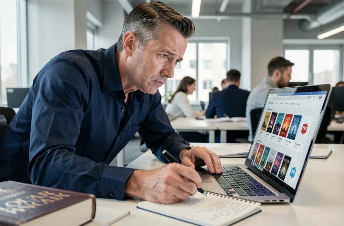 Homme examinant un site de téléchargement d'ebooks sur son ordinateur portable avec un carnet de notes, symbolisant les enjeux juridiques du piratage de livres numériques