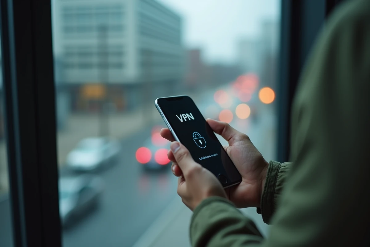 Gros plan sur un smartphone affichant une application VPN active, illustrant la sécurisation d'une connexion mobile contre la surveillance en ligne