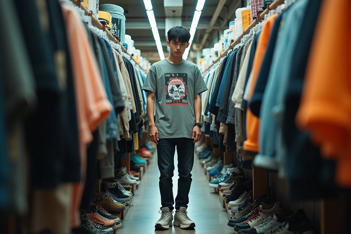 Jeune homme japonais en streetwear dans une boutique vintage de Harajuku à Tokyo, illustrant l'influence japonaise sur la culture streetwear mondiale