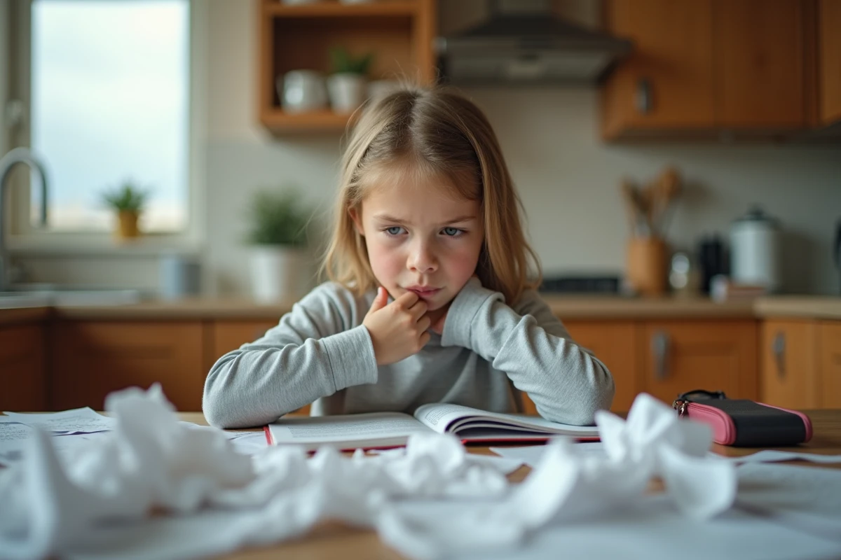 Fillette débordée face à ses devoirs sur une table de cuisine encombrée, illustrant un stress tolérable lié aux exigences scolaires