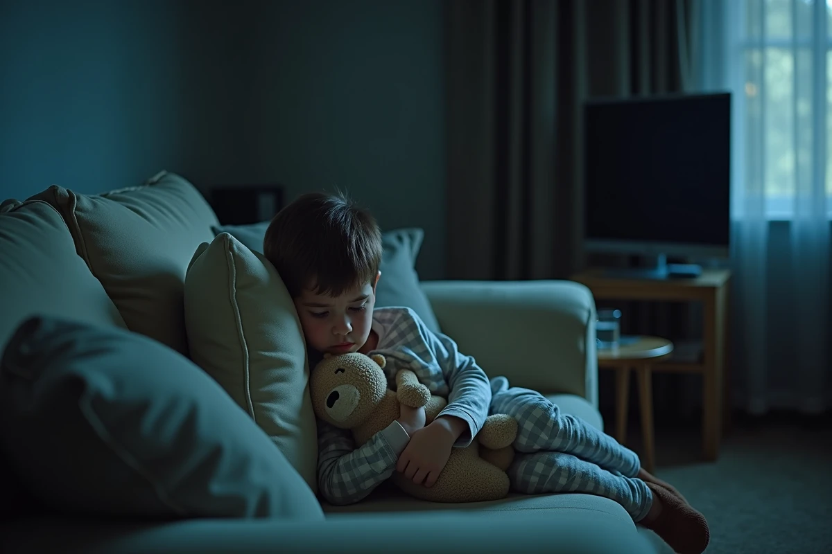 Jeune enfant recroquevillé sur un canapé en serrant un doudou, exprimant un stress toxique intense dans un environnement domestique