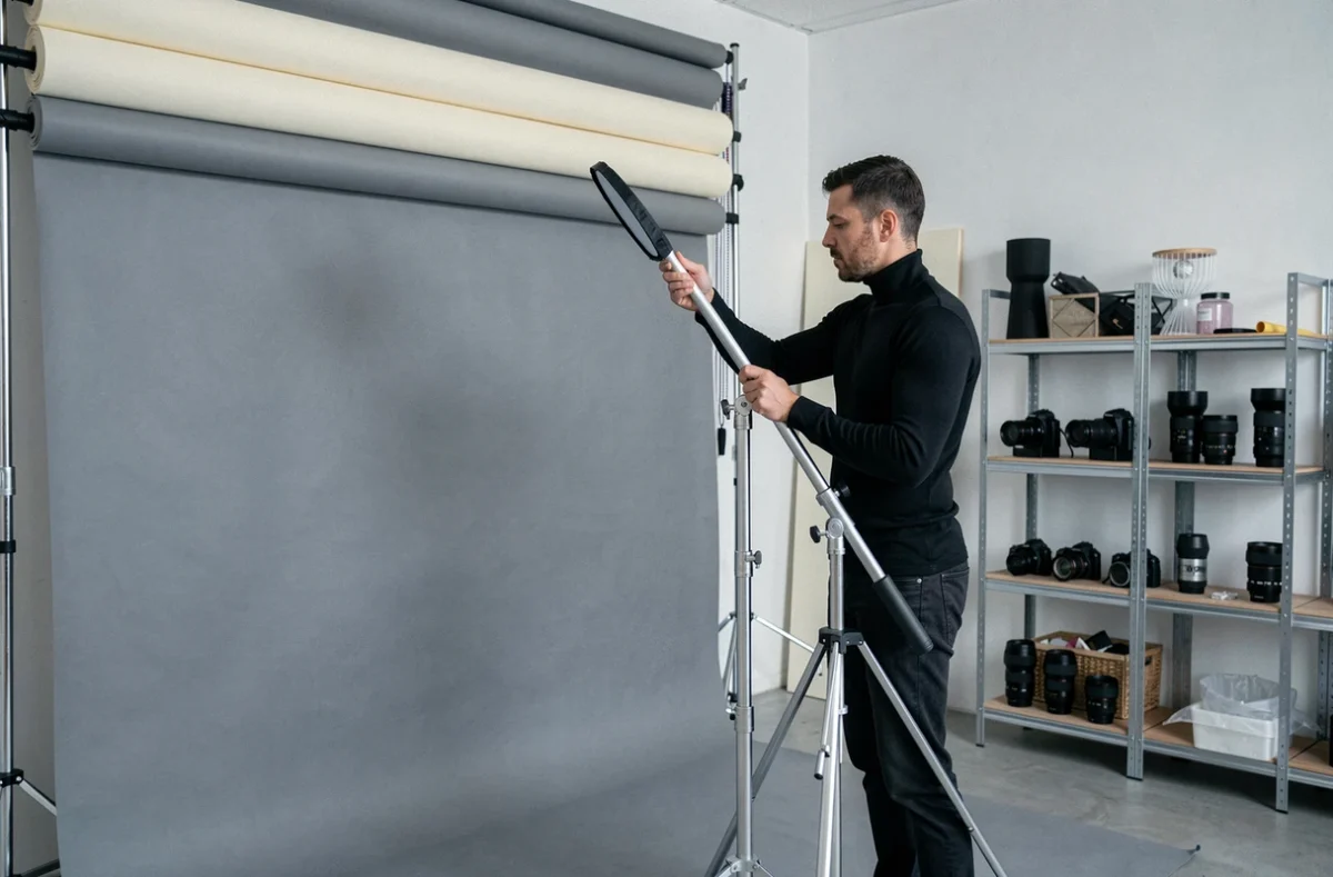 Photographe professionnel ajustant un réflecteur dans un studio photo intérieur à Rennes – Studio Zeykah