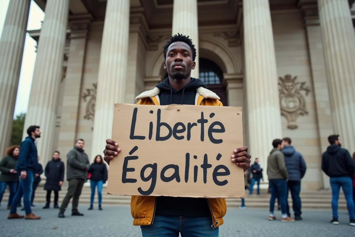 Jeune homme tenant une pancarte lors d'une manifestation citoyenne devant un édifice républicain