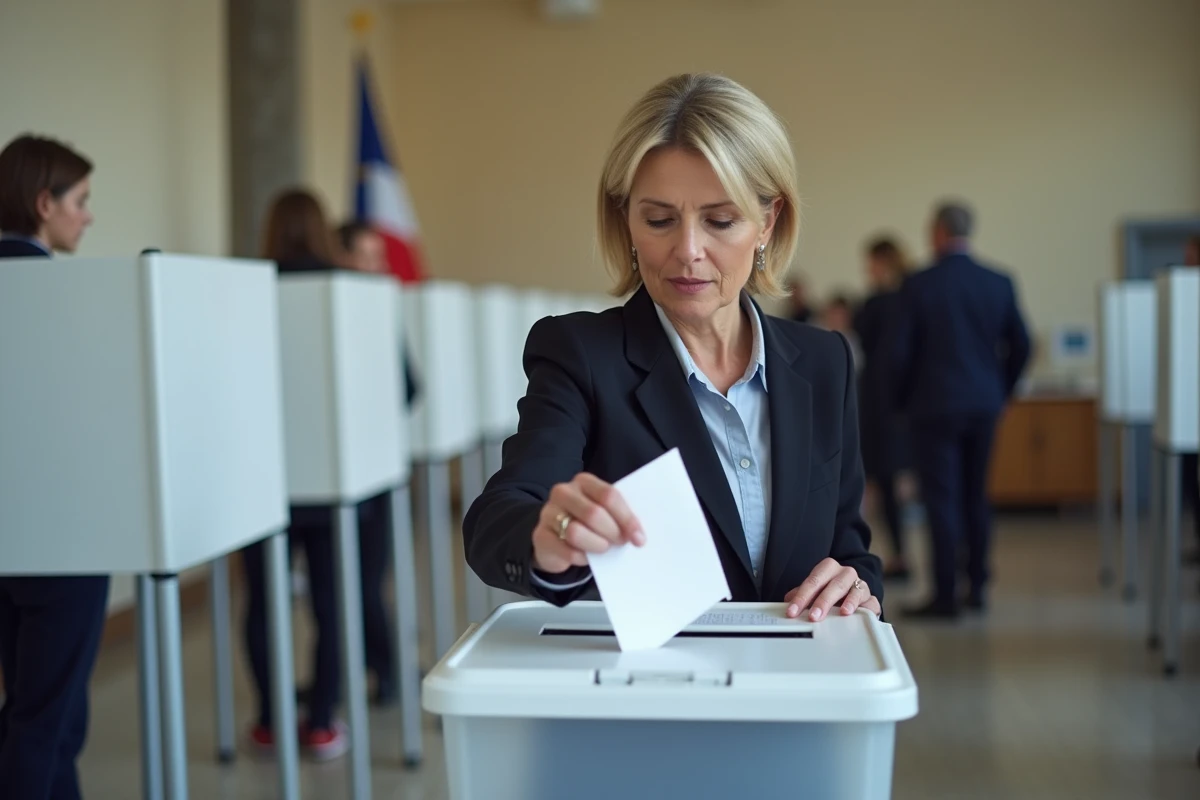 Femme glissant un bulletin dans une urne lors d'un scrutin démocratique en France