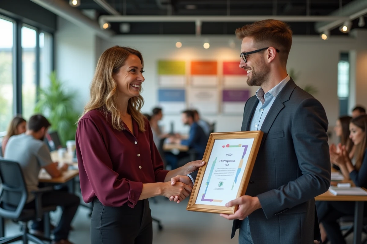 Responsable d'équipe remettant un certificat de reconnaissance à un collaborateur applaudi par ses collègues, symbolisant la motivation au travail