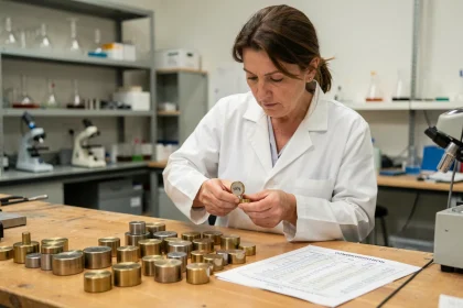 Femme en blouse de laboratoire consultant un tableau de conversion de masse avec des poids d'étalonnage sur un établi