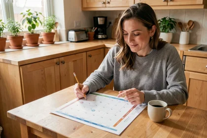 Femme consultant un tableau récapitulatif des semaines impaires 2026 autour d'un planning familial dans une cuisine chaleureuse