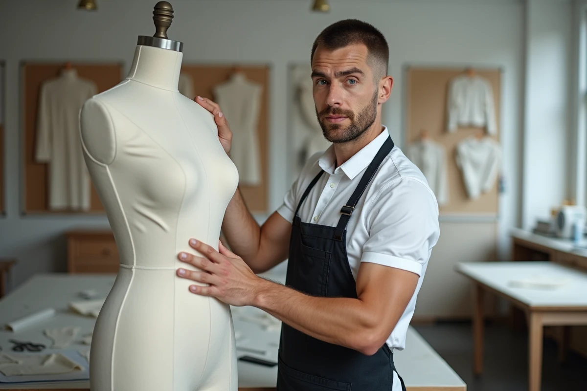 Tailleur ajustant une toile en mousseline sur un mannequin de couture professionnel
